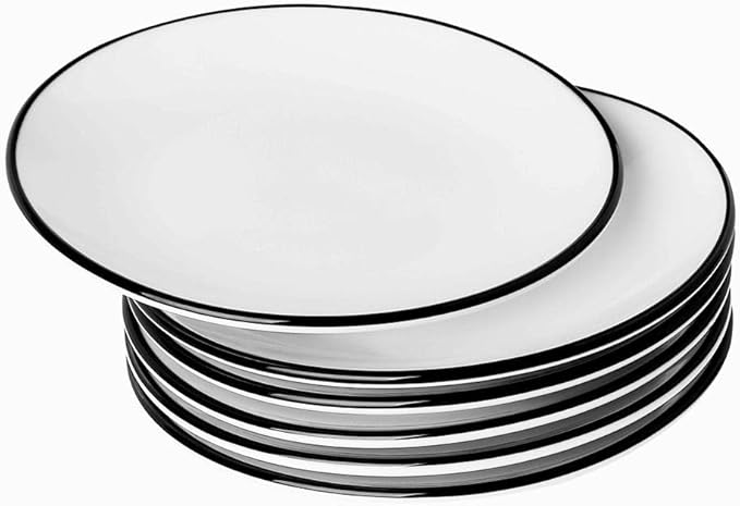 YOLIFE 6 inch Small Ceramic Plates, Appetizer Plates Set of 6, Dessert Plate for Cake Pie Snack with Black Trim