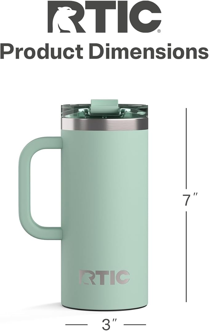 RTIC 16oz Road Trip Travel Mug with Lid and Handle, Ceramic Lined, Insulated, Stainless Steel, Metal, Double Wall Vacuum-Insulation, Portable Coffee, Tea Cup for Hot and Cold Drink, Fresh Mint