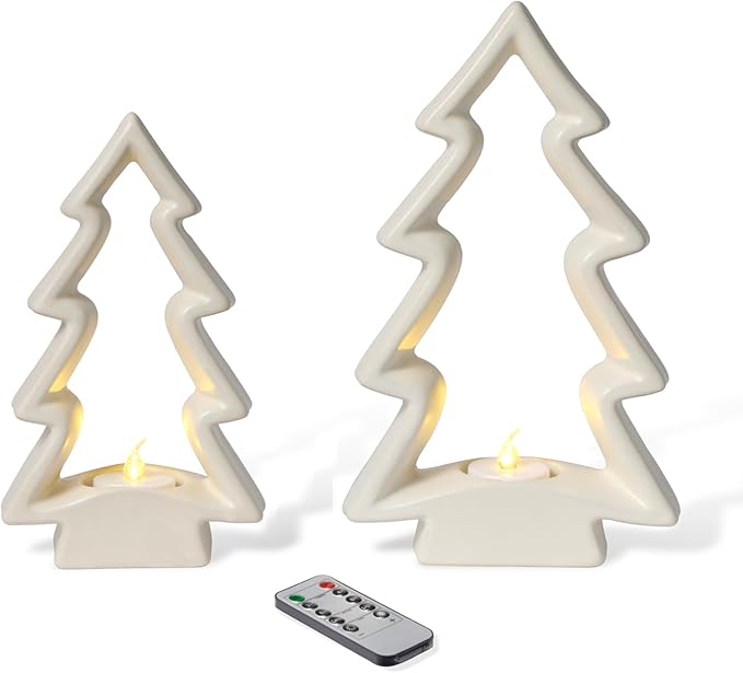 2 Pack White Ceramic Christmas Trees with LED Tea Lights & Remote, Farmhouse Christmas Decorations Indoor for Tabletop Mantel Shelves Holiday Decor (Large 9.5" H, Small 7.5" H)
