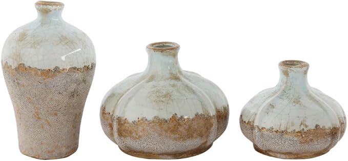 Creative Co-Op Brown & White Terracotta Vases with Distressed Finish (Set of 3 Sizes)