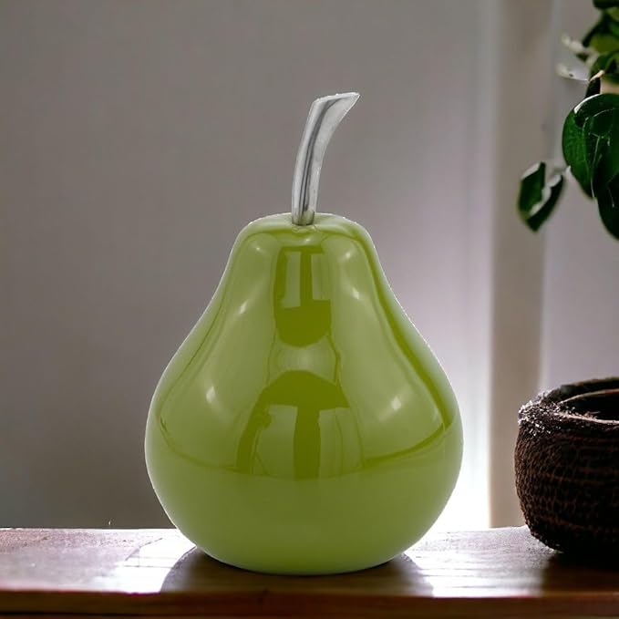 Modern Day Accents 3463 Peral Verde Green Pear, Fruit Decor, Gifts, Tabletop, Green Home Decor Centerpiece, Room Decor, Office Desk Decor, Green with Silver Stem, Sculpture, 6" L x 6" W x 9" H