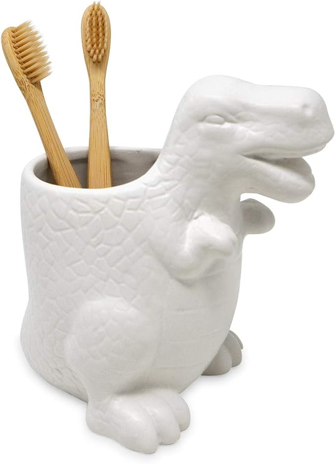 Isaac Jacobs White Ceramic Dinosaur Cup, Toothbrush Holder, Multi-Purpose Organizer, – Great for Toiletries, Bathroom, Kitchen, Crafts, Desk, Novelty Bathroom Accessory (Single Cup, White)