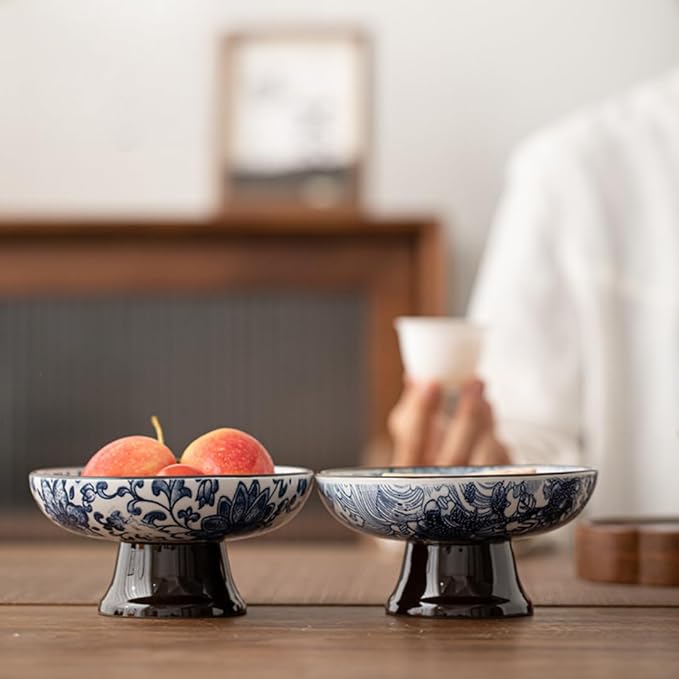 Vintage Blue and White Porcelain Tea Pastry Tray - Footed Fruit Platter, Asian Style Small Plates, Snack Dessert Nut Bowls, Ceramic Serving Tray, Japanese and Asia Phoenix Design