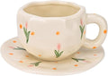 Koythin Ceramic Coffee Mug with Saucer Set, Cute Pink Tulip Flower Cup Unique Irregular Design for Office and Home, 10 oz/300 ml for Latte Tea Milk