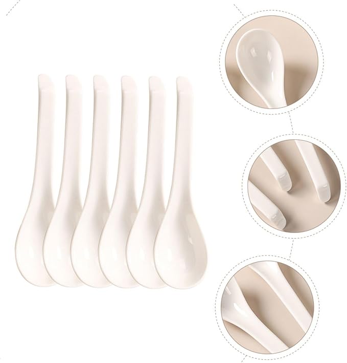 6Pcs White Ceramic Soup Spoons Small Rice Ladles Household Kitchen Utensils Porcelain Serving Spoons for Soup Porridge Dessert