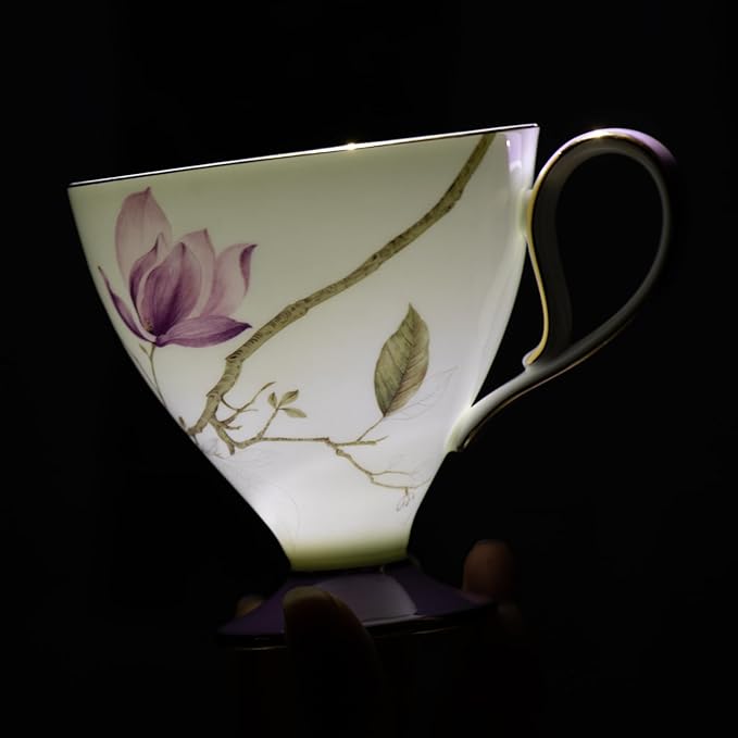 KAMMAK Ceramic Coffee Cups Saucers Set of 2, Porcelain Espresso Cups with Saucers, 8.12 oz Handcrafted Elegant Bone China Tea Cups, Purple Hibiscus & Iris Flower Pattern Teacup for Party, Office, Gift