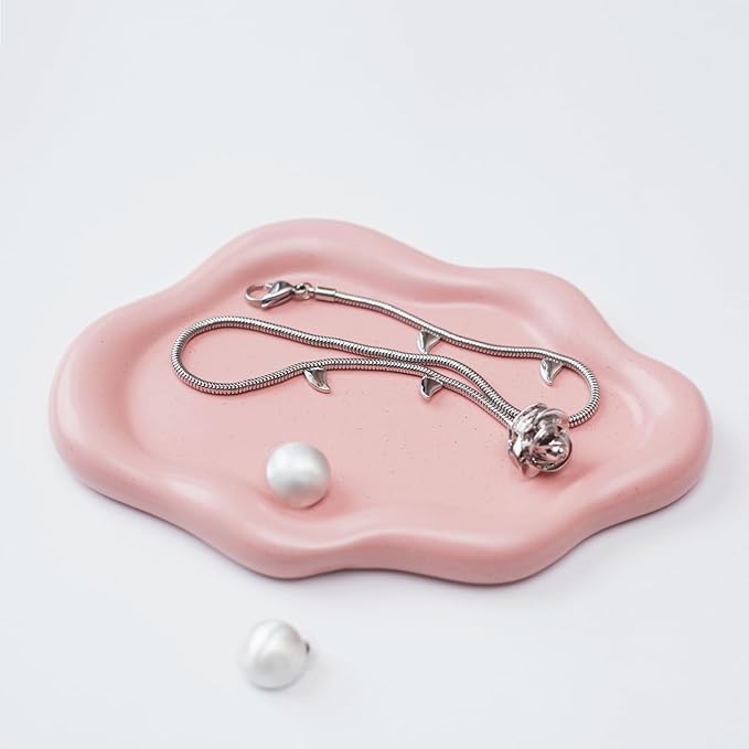 Jewelry Dish Trinket Tray for Women, Ring Dish Holder, Unique Cloud Shape Ceramic Plate Cute Things Vanity Aesthetic Room Decor Mother's Day Birthday (Pink)