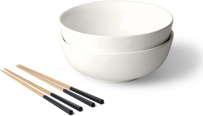 Fable Ramen Set - Includes 2 Ramen Bowls and 2 Pairs of Chopsticks - Durable, Dishwasher Safe Stoneware Ceramic Bowls and Bamboo Chopsticks- Speckled White