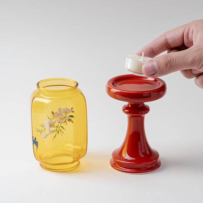 Decorative Glass Candle Holder with Floral Design, Traditional Asian Style, Red Base, 8.3 inch Height, 3 inch Diameter (Red Base – Painted Amber Glass)