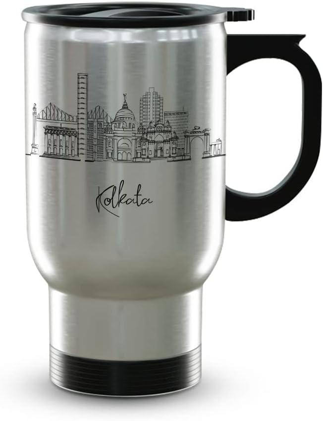 Kolkata Skyline Steel Mug, Asia Skyline 14oz Travel Mug with Handle & Lid Custom Travel Tumblers, Gift For Birthday, Spill Resistant Tumblers for Women, Personalized Tumbler