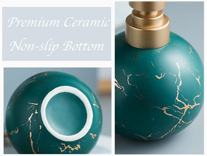 Gold Soap Dispenser for Bathroom or Kitchen, Cute Marble Round Ceramic Lotion Bottle, Rust-Free Pump(Black)