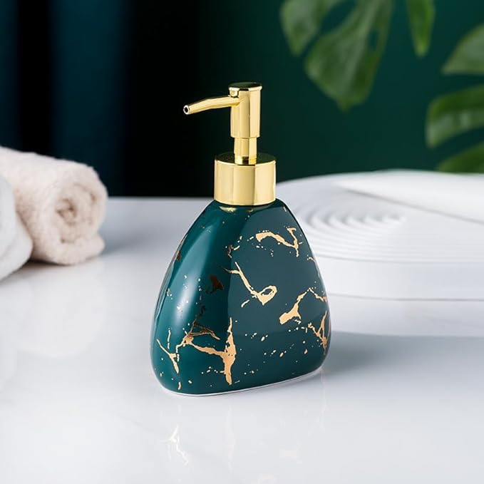 Green Bathroom Accessories Set,Gold Marble Look Bathroom Decor,Modern 6 Piece Bathroom Accessory Set,Complete with Soap Dispenser,Toothbrush Holder,Tumbler,Tray Countertop