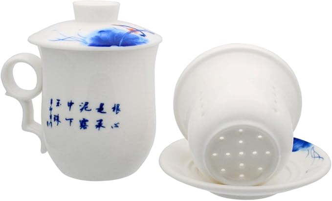 Porcelain Tea Cup with Infuser Lid and Saucer Sets - Chinese Jingdezhen Ceramics Coffee Mug Teacup Loose Leaf Tea Brewing System for Home Office