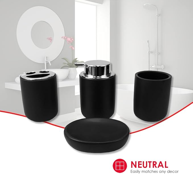 Home Basics Luxem 4 Piece Ceramic Bath Accessory Set (Black, 1) | Matte Finish | Neutral Color | Extremely Durable
