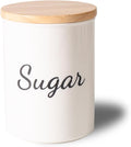 Ceramic Sugar Container With Lid, 19 Oz Small Jar, Food Storage Canister, White With Black Text