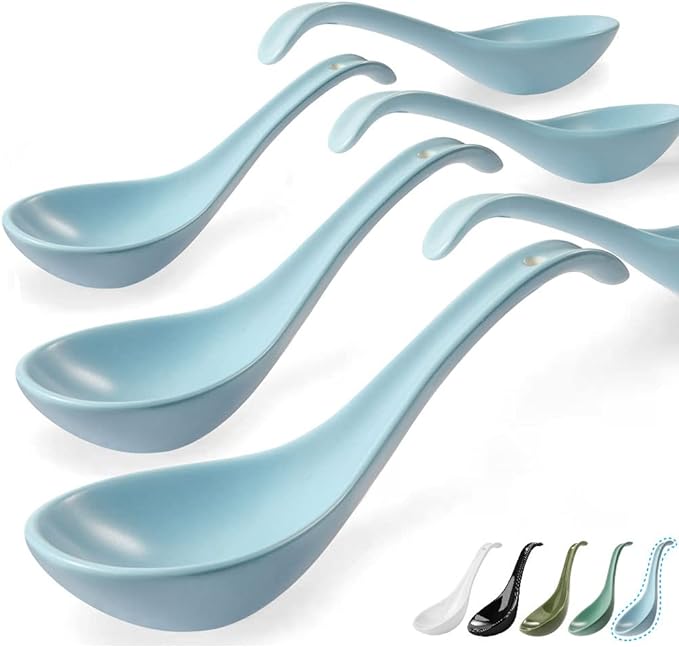 Artena 6.75 inch Solid Asian Soup Spoon Set of 6,Ultra-fine Porcelain Japanese Soup Spoon, Ramen Spoons for Pho Noodles Miso, Chinese Soup Spoons for Dumpling Wonton Cereal, Deep Oval Hook Design-Blue