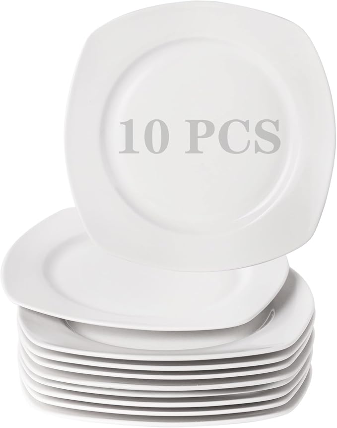 TAMAYKIM 10-Piece Small Square Porcelain Dessert Plates Set - 7.5 Inch Ceramic Appetizer & Dinner Plates, Microwave, Oven & Dishwasher Safe, Scratch Resistant, White