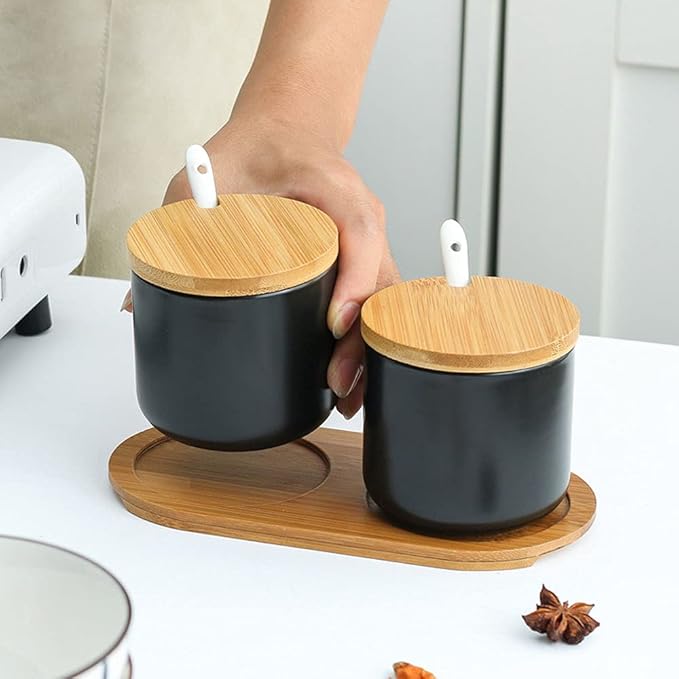 Simple Pure Color Ceramic Spice Jar Seasoning Box Condiment Pot Sugar Bowl with Bamboo Lid and Spoon