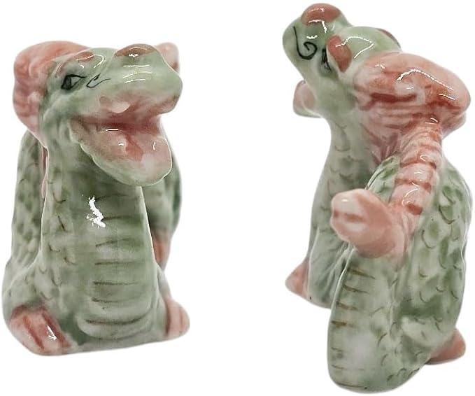 WitnyStore 1½" Green Red Chinese Asian Dragon Ceramic Figurine for Terrarium Decoration Collectible Statue for Adult Collectors Handcrafted Porcelain Ornament Sculpture Home Room Tabletop Decor