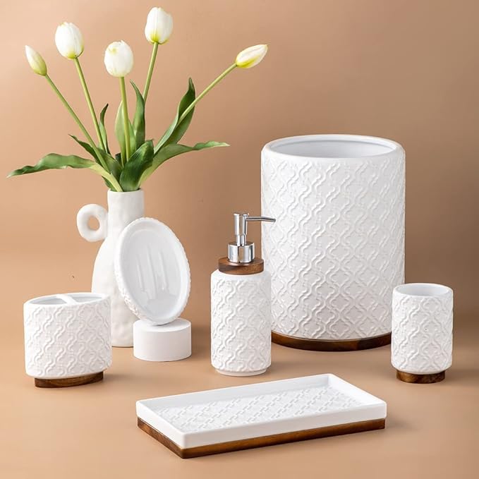 Elegant 6 PCS Ceramic&Wood Bathroom Accessories Set:Soap Dispenser,Toothbrush Holder,Tumbler,Soap Dish,Tray,Trash Can,Easy to Clean,Quatrefoil Pattern,White-Affordable Home Luxury