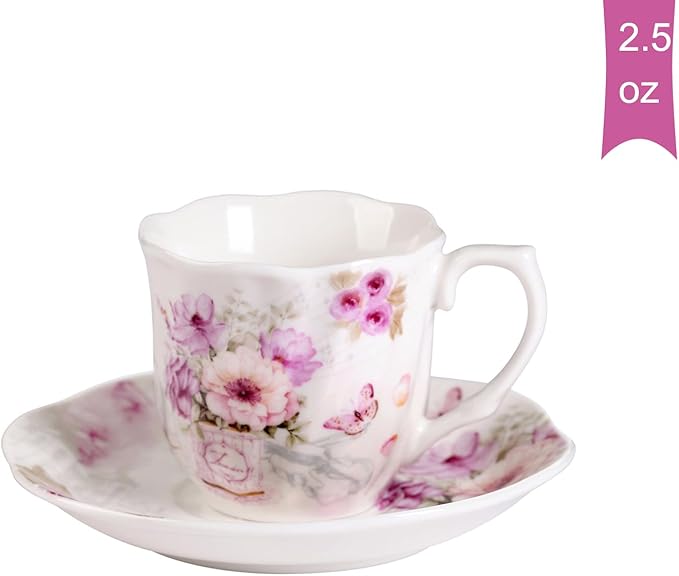 GuangYang 2.5 oz Porcelain Espresso Cups and Saucers Set – Floral Design, Purple Pattern – Gift-Ready, Elegant Mini Coffee Set of 6 for Home or Gifting