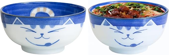 JapanBargain, Set of 2 Japanese Large Porcelain Bowls Seving Soup Rice Noodle Salad, Maneki Neko Smiling Cat Pattern, 34 fl.oz, 6.25-inch, Made in Japan