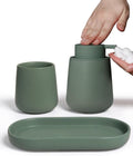 INGOFIN 3 Pcs Ceramic Bathroom Accessory Set - Foam Soap Dispenser, Toothbrush Holder & Tray, Bathroom Counter Set, Countertop Essentials for Home, Guest Bathroom, or Office Use, Matte Green
