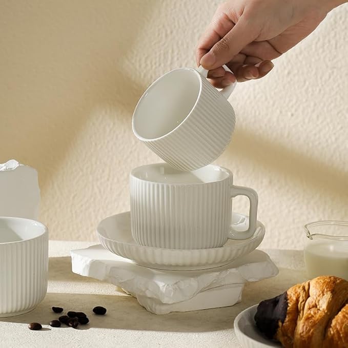 5 Ounce Espresso Cups Set of 4, Small Coffee Cups with Saucers and Spoons, White Cream Ceramic Demitasse Espresso Mugs