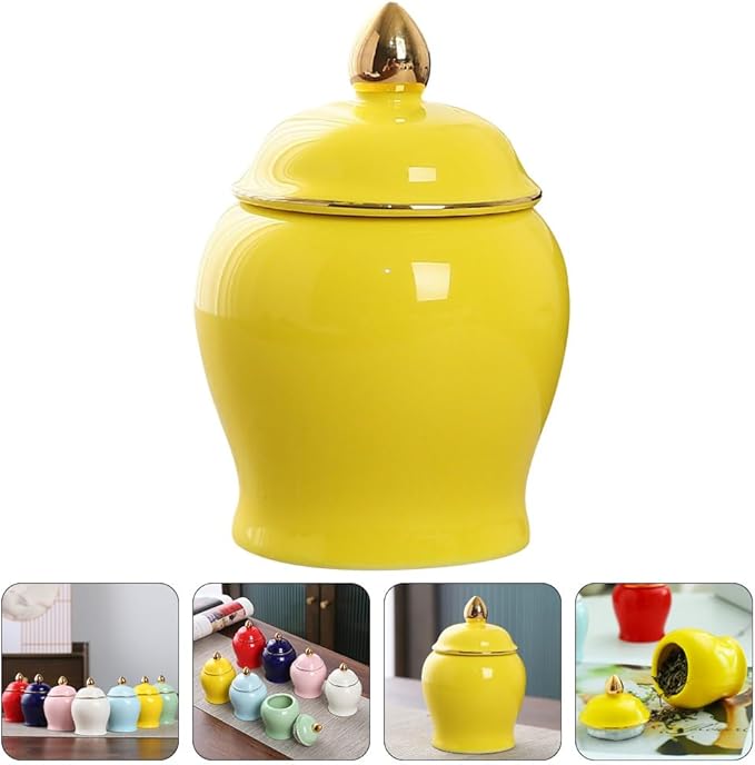 Amosfun Tea Storage Jar Ceramic Canister Yellow Lid Sealed Storage Solution for Household