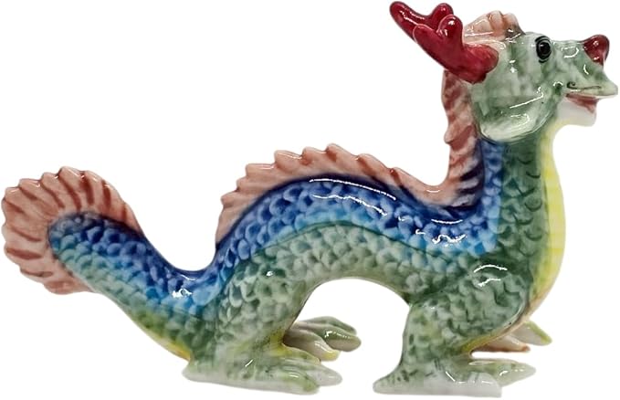 WitnyStore 3¼" Multicolor Chinese Asian Dragon Ceramic Figurine for Terrarium Decoration Collectible Statue for Adult Collectors Handcrafted Porcelain Ornament Sculpture Home Room Tabletop Decor