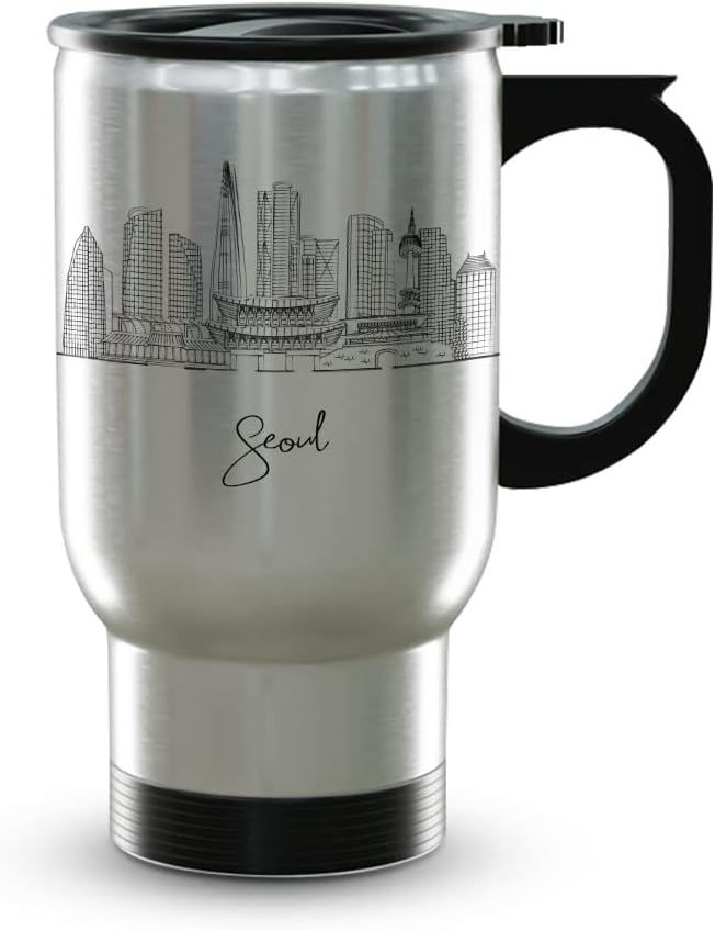 Seoul Skyline Steel Mug, Asia Skyline 14oz Travel Mug with Handle & Lid Custom Travel Tumblers, Gift For Birthday, Spill Resistant Tumblers for Women, Personalized Tumbler