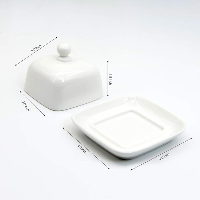 NAGU Mini Square Butter Dish with Lid, White Procelain Domed Cheese Dish with Handle Individual Serving Small Butter Tray, Cute Ceramic Dessert Serving Bowl for Table, Countertop, Refrigerator