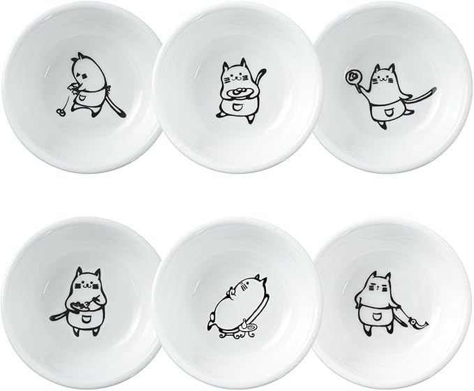 SOCOSY Super Cute Chef Cat Ceramic Sauce Dish/Seasoning Dish/Sushi Soy Dipping Bowl/Appetizer Plates/Serving Dish for Kitchen Home(Set of 6)