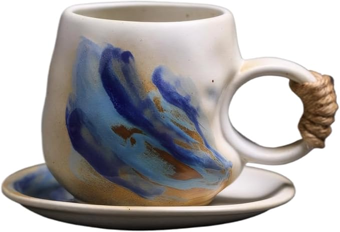 8oz Small Vintage Japanese Style Handmade Ceramic Tea Cup with Saucer , Lead-Free Cappuccino Mug, Artisanal Coffee Mug with saucer set,Handcrafted mug with handle, For Espresso, Latte ,(1, White)
