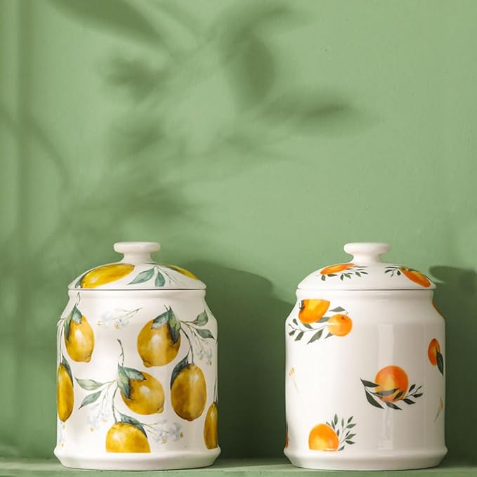 WAIT FLY Ceramic Tea Caddy Tea Canister Large Capacity Food Storage Jar Container for Tea, Coffee, Herb, Sugar, Spice, Nuts-Lemon-33 OZ
