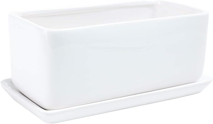 10 inch Rectangular White Ceramic Planter Pot Succulent Cactus Herb Flower Container Window Box Saucer Removable Drip Tray Base Drain Holes Home Office Indoor Outdoor Garden Desktop