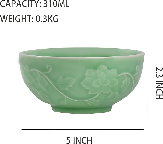 5-Inch Celadon Rice Bowl, Set of 2 - Round Ceramic Bowls for Soup, Stews, Holiday Meals - Classic Holiday Tableware - Durable, Dishwasher, Microwave, Freezer Safe