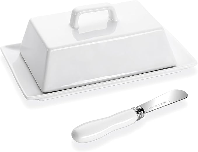 Yedio Large Butter Dish with Lid for Countertop, Porcelain Butter Keeper with Cover and Knife, Butter Holder Tray for 2 Sticks East Coast/West Coast/European Style Butter