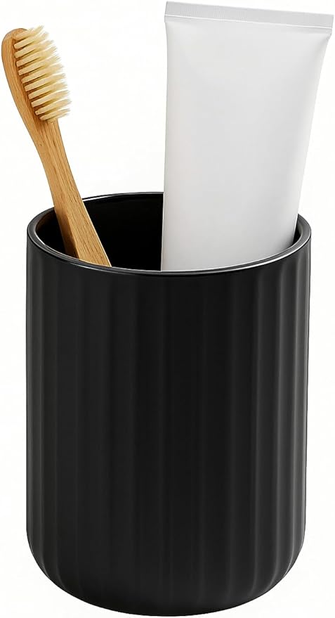 Black Ceramic Toothbrush Holder Cup – 13.5oz Bathroom Tumbler with Vertical Stripe Texture, Modern Toothbrush or Makeup Brush Holder