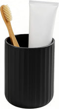 Black Ceramic Toothbrush Holder Cup – 13.5oz Bathroom Tumbler with Vertical Stripe Texture, Modern Toothbrush or Makeup Brush Holder