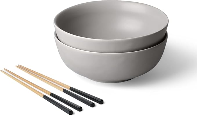 Fable Ramen Set - Includes 2 Ramen Bowls and 2 Pairs of Chopsticks - Durable, Dishwasher Safe Stoneware Ceramic Bowls and Bamboo Chopsticks- Dove Gray