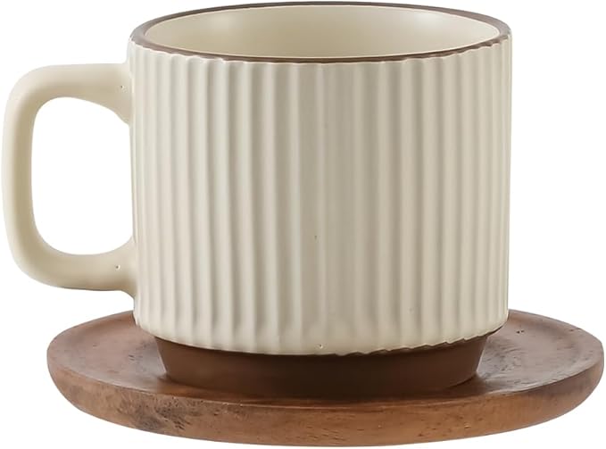 Artisanal Ceramic Mug & Walnut Saucer Set for Coffee Latte, Cappuccino Espresso Tea - 8.3oz/250ml Textured Coffee Cup with Wood Saucer, Dishwasher & Microwave Safe Gift