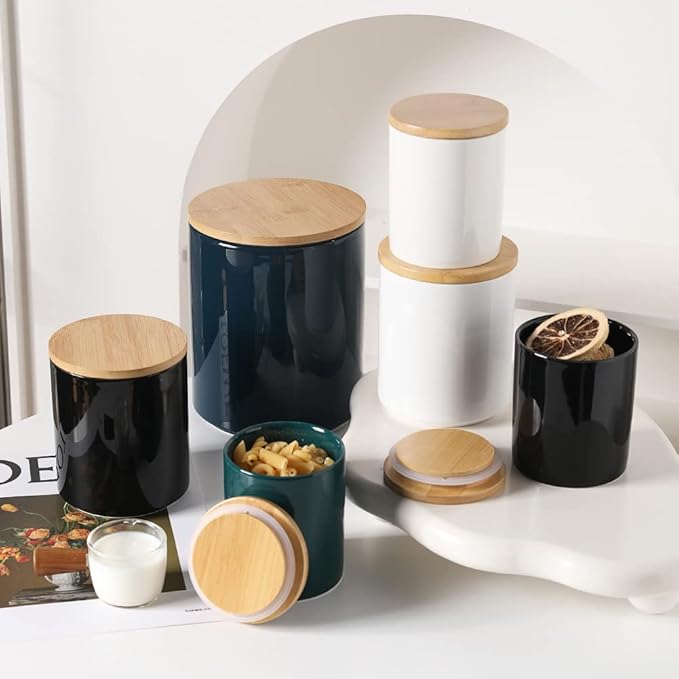 Sweejar Kitchen Canisters Ceramic Food Storage Jar Set, Stackable Containers with Airtight Seal Wooden Lid for Serving Ground Coffee, Tea, Herbs, Grains, Sugar, Salt - Set of 4 (Black)