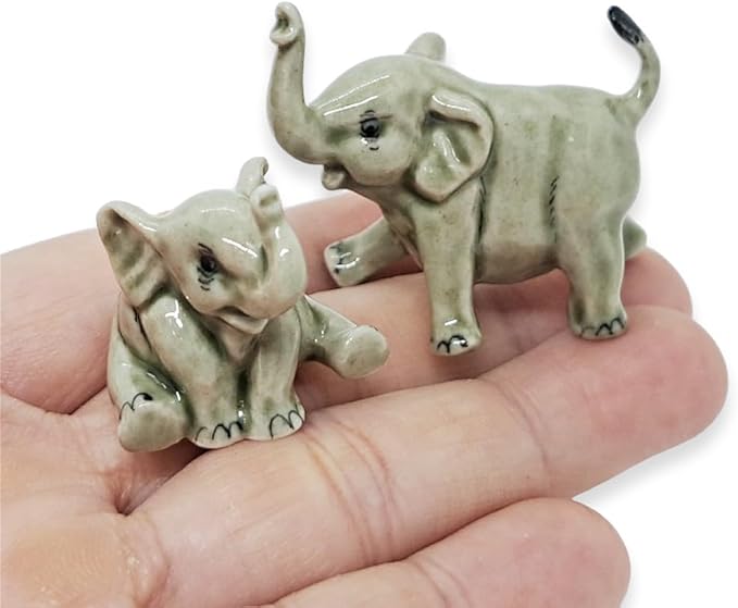ChangThai Design Tiny 1¾" Light Gray Baby Elephant Walk Lift Trunk Figurine - Miniature Hand Made Painted Ceramic Asian Elephants Cute Wild Animals Porcelain Decorative Collectible Figures Décor Gifts