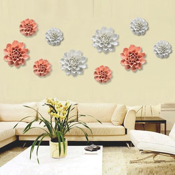 Peony,2.76"" Ceramic Flower Wall Art, Artificial 3D Flower Wall Art, Handmade 3D Wall Art Hanging Sculpture, Porcelain Flower Wall Decoration for Home Office Decor (White), White,flower