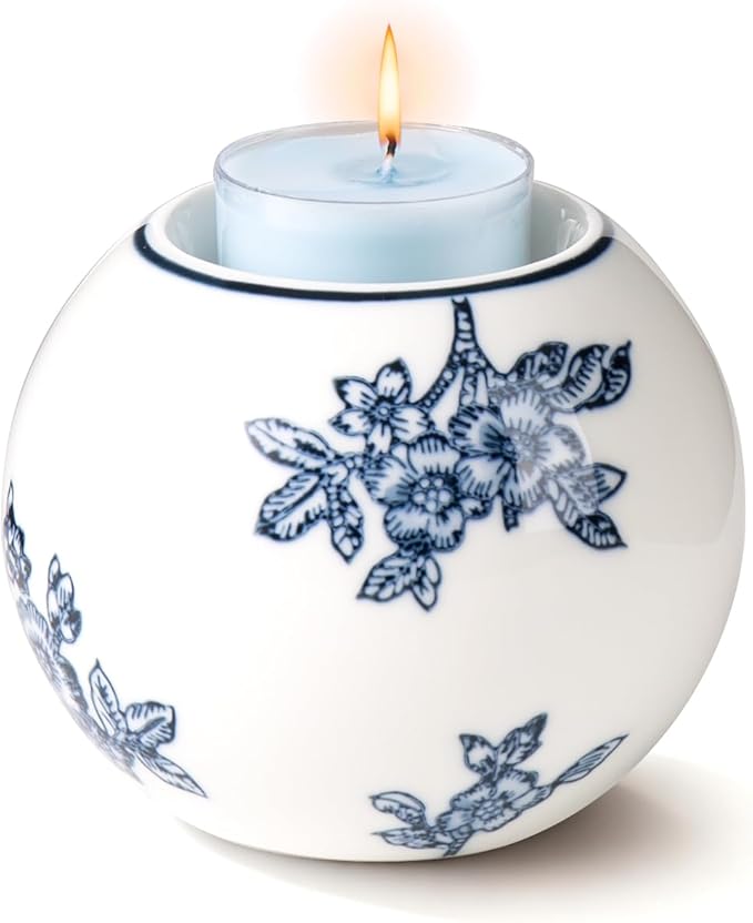 Ceramic Tealight Candle Holder, Chinoiserie Candlestick Holder for Taper Candle, Blue and White Decor, Flowers and Branches