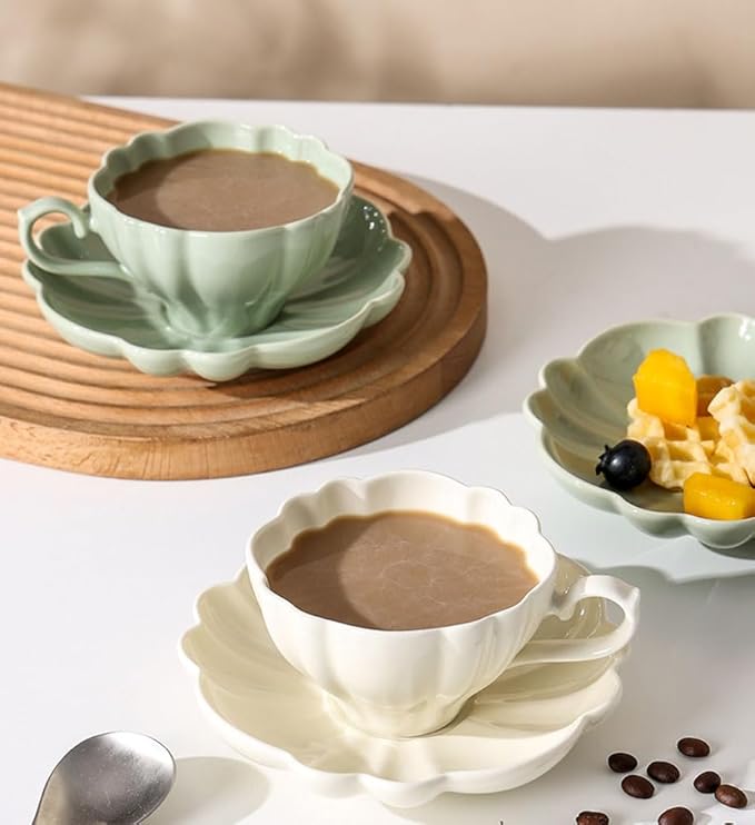 Flower Shaped Ceramic Coffee Cup Teacup with Saucer, Set of 2-White-Green