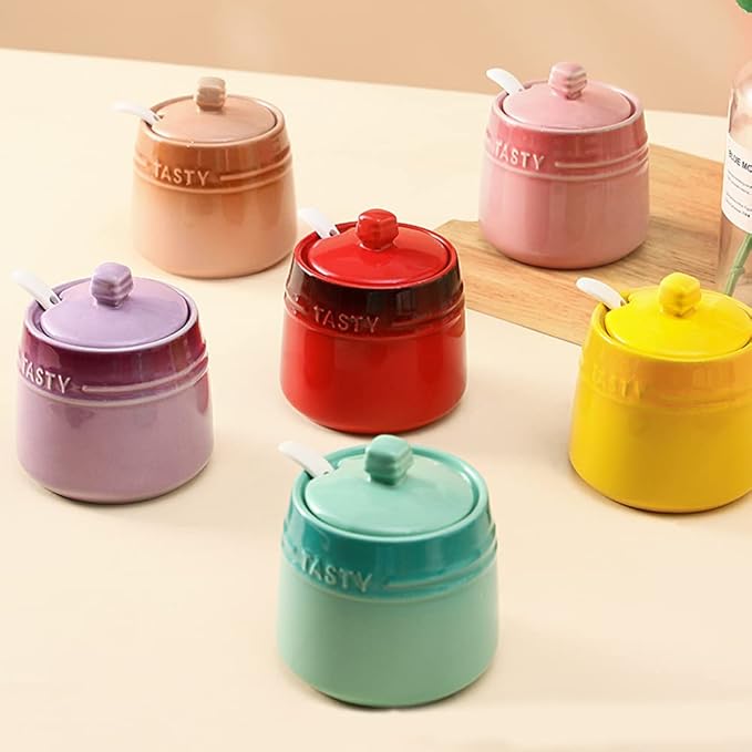 Colourful Ceramic Spice Jar Seasoning Box Condiment Pot Sugar Bowl with Lid Spoon-Purple