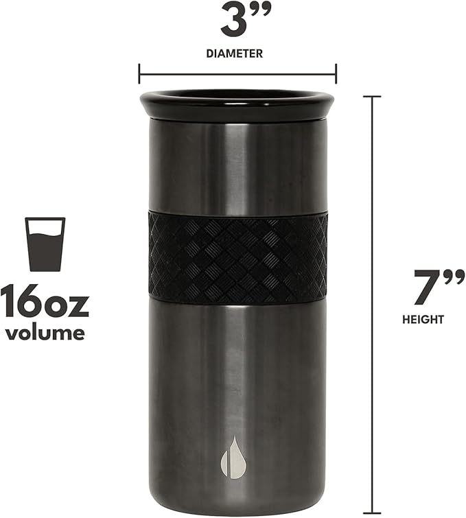 Elemental Artisan Insulated Tumbler, Triple Wall Coffee Travel Mug, Reusable Stainless Steel Coffee Tumbler with Ceramic Lid, Thermal Coffee Cups for Hot (6 Hrs) & Cold (18 Hrs), 16oz - Gunmetal