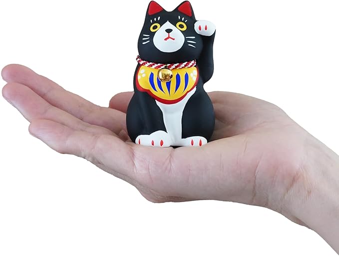 Maneki-Neko Lucky Cat, 2.7 Inches | Hand-Painted Ceramic Fortune and Prosperity Talisman | Artisan Crafted Desk and Room Decor | Made in Japan (Black)